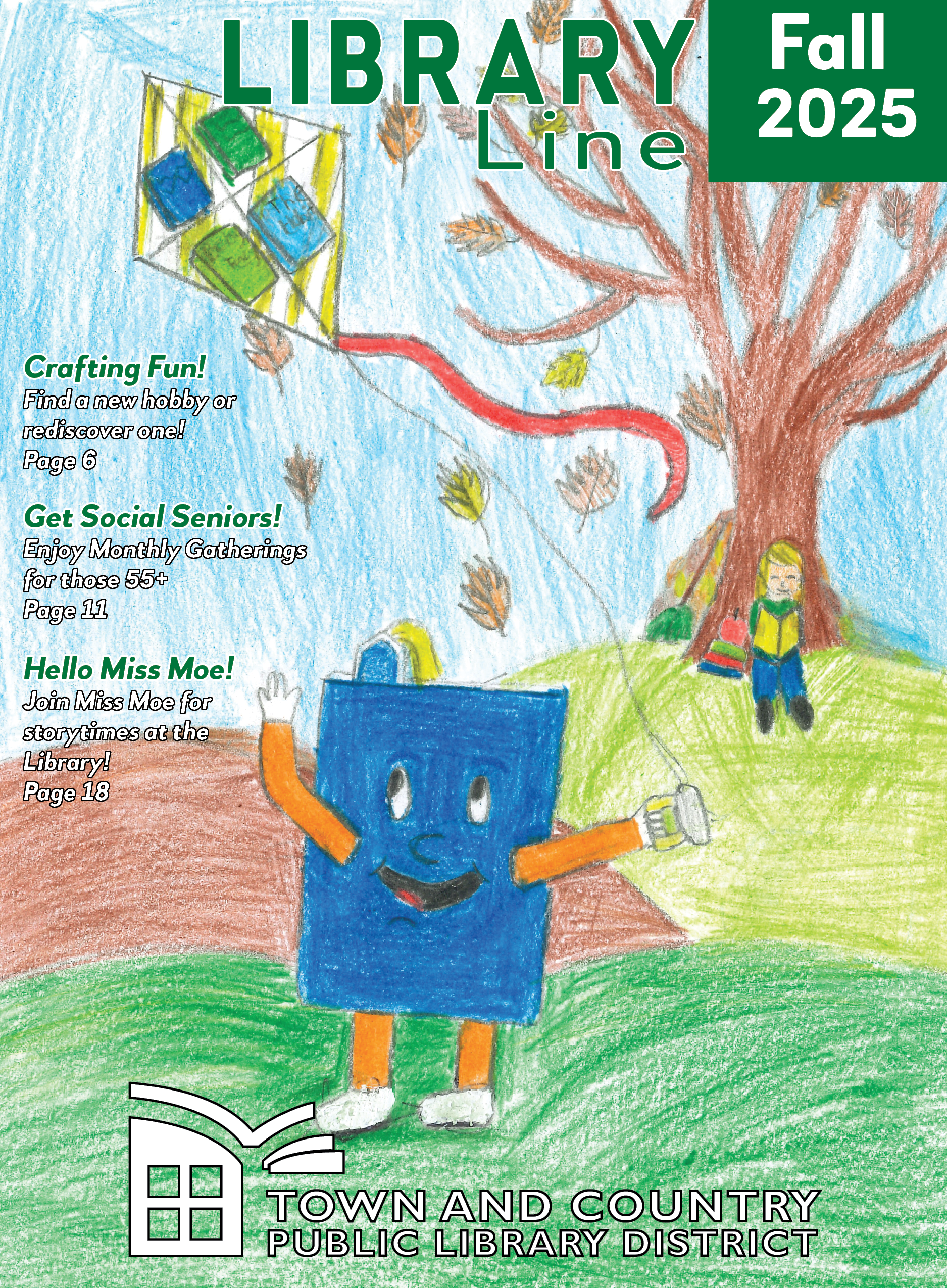 Page Turner flies a kite while a child reads under a tree.