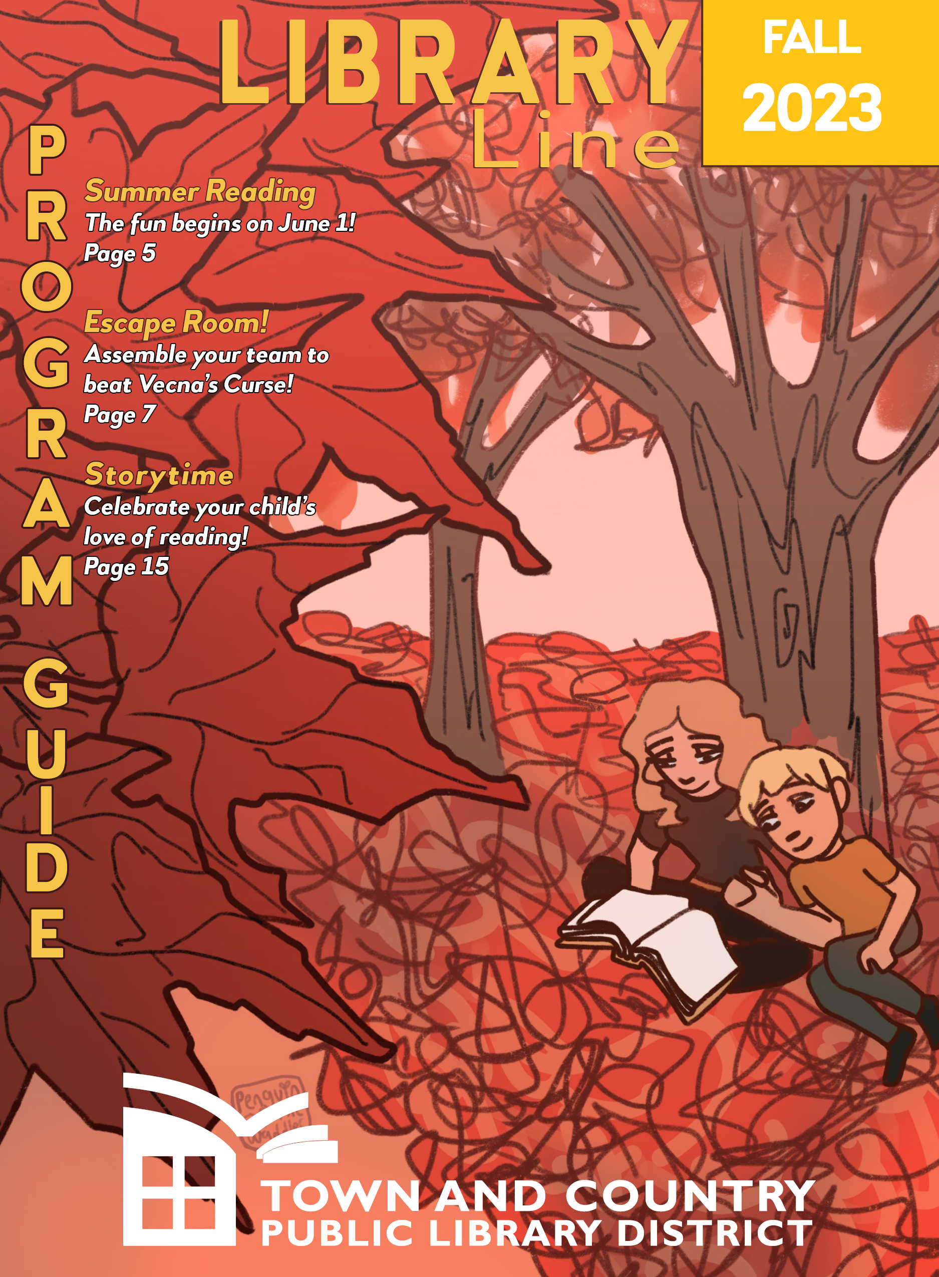 Two children read a book under a tree with falling red and yellow leaves.