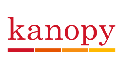 'kanopy' text in red with four bars below the text that fade from left to right and red to yellow