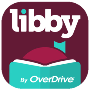 Libby by OverDrive database logo of a maroon background, white text, and a teal colored book cover