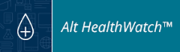 AltHealthWatch blue background database logo with white text and a white icon related to health