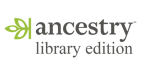 Ancestry Library Edition grey text logo with a light green leaf to the left of the text