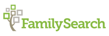 Lime green text that reads "FamilySearch" with a brown, grey and green tree and leaves.
