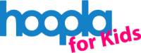 White background, light blue text that reads 'hoopla' and bright pink text that reads 'for kids'