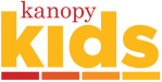 Kanopy Kids in red and yellow text with four bars under the text fading from red to yellow from left to right