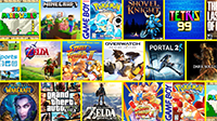 Collage of different video game box covers with a yellow outline between each cover