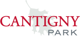 Cantigny Park in red and grey text with a grey watermark of a leaf