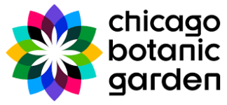 Chicago Botanic Gardens in black text with a multi-colored flower