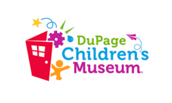 DuPage Children's Museum in green, blue, and magenta colored text. There is a red colored door and an orange person stick figure.