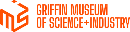 Griffin Museum of Science and Industry in orange text and an orange outline of a box