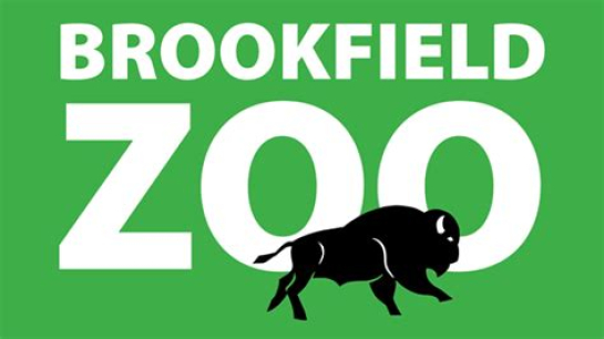 A silhouette of a bison runs in front of the words Brookfield Zoo.