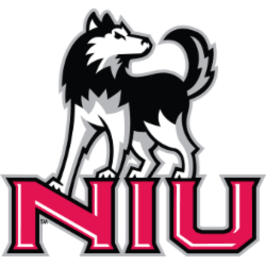A large husky dog stands on the letters NIU.